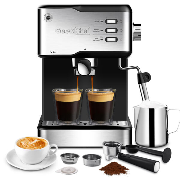 Geek Chef Espresso Machine, Espresso&Cappuccino Latte Maker 20 Bar Coffee Machine Compatible With ESE POD Capsules Filter&Milk Frother Steam Wand, 950W, 1.5L Water Tank,Ban On Amazon - Image 4